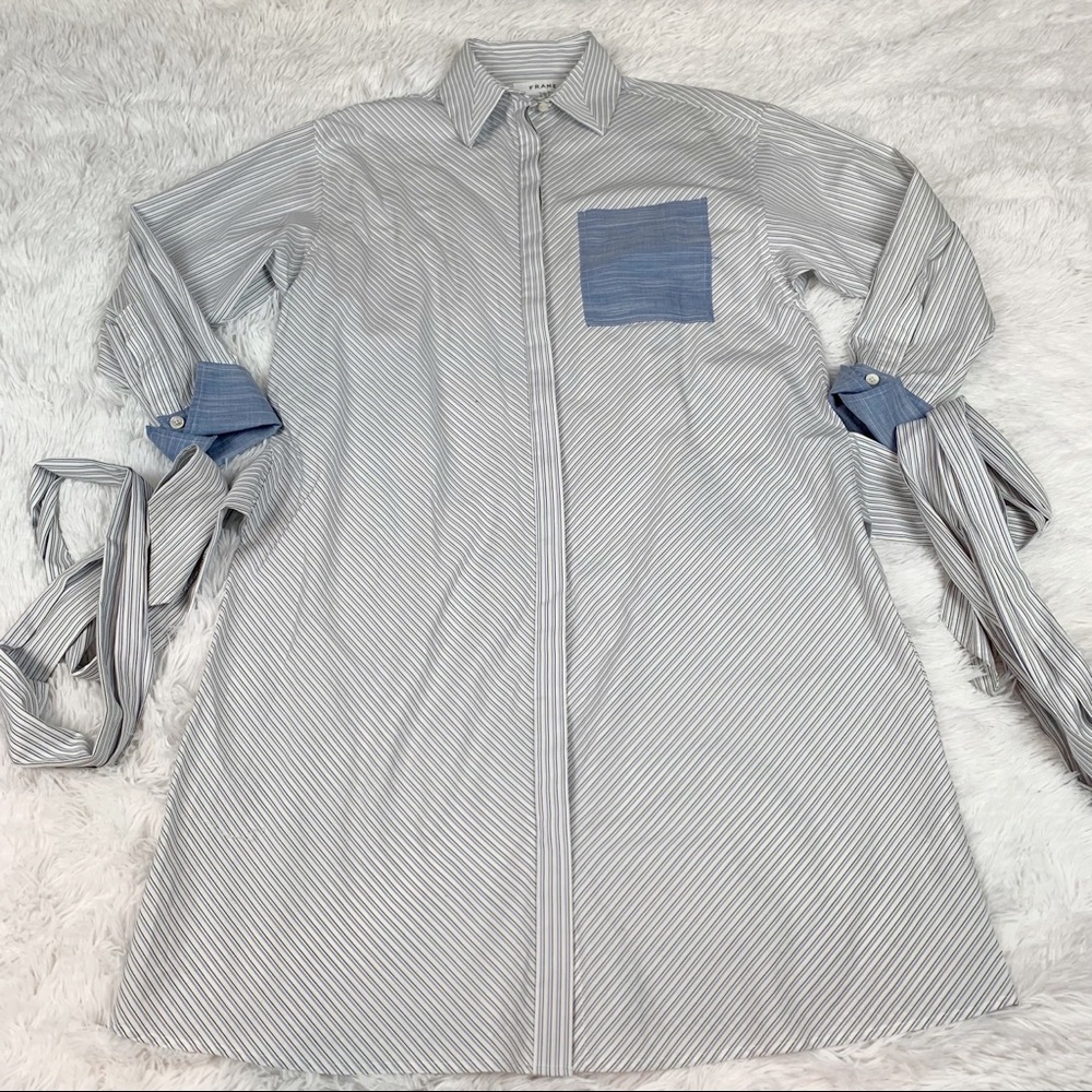 Frame contrast striped wrapped tie waist shirt dress button up pocket - Picture 2 of 12